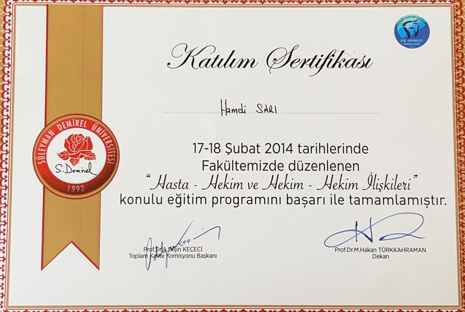 SDÜ Katılım Sertifikası — Hasta-Hekim İlişkileri